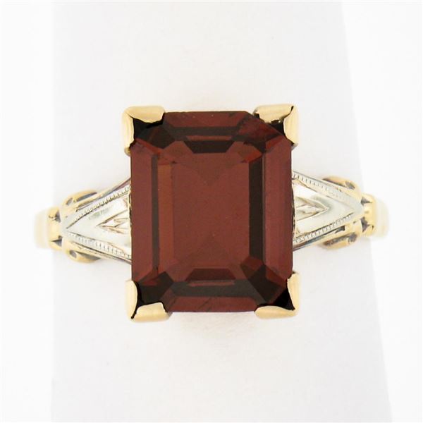 Antique Art Nouveau 14k TT Gold 3 ctw Emerald Cut Rhodolite Garnet Solitaire Rin