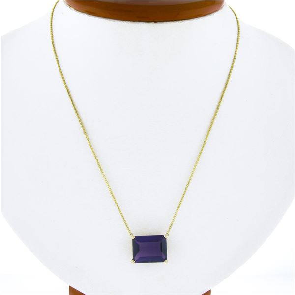 NEW 14k Yellow Gold Large 8 ctw Emerald Cut Amethyst Solitaire Pendant & Chain