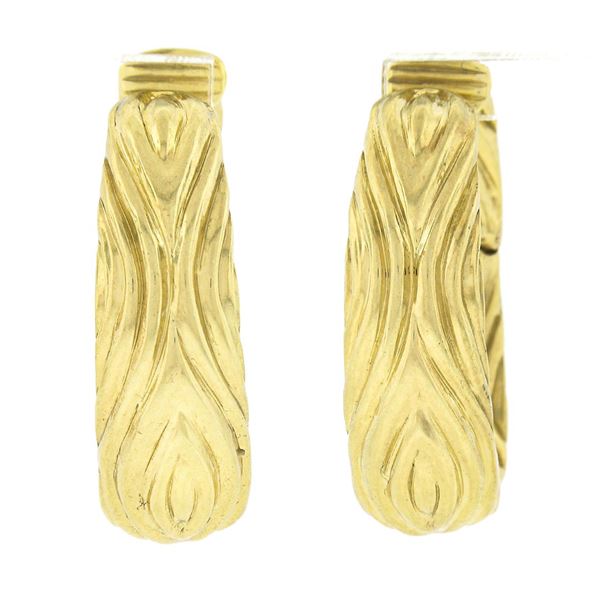 18K Yellow Gold Polished Finish Sculpted Textured Hoop Huggie Clip On Earrings