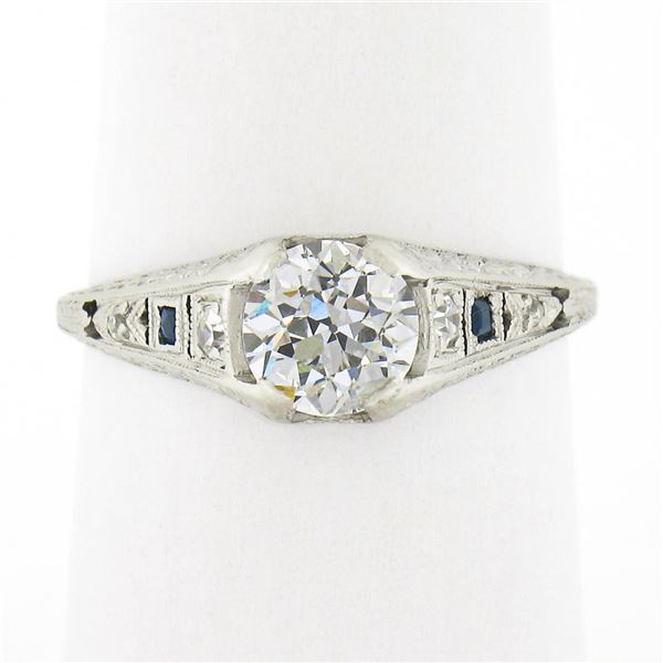Antique Art Deco Platinum European Diamond Solitaire w/ Filigree Engagement Ring