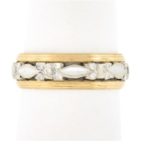 Lohengrin Vintage 14k TT Gold 6mm Floral Open Work Grooved Sides Wide Band Ring