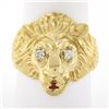 Image 1 : Vintage 14k Yellow Gold Ruby & Diamond Eyes Detailed Textured 3D Lion Head Ring