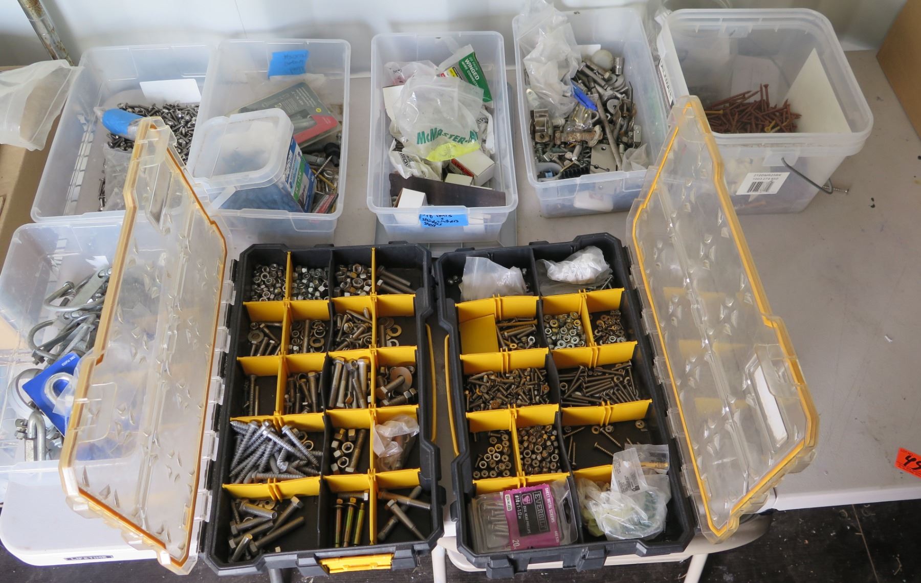Multiple Storage Containers & Contents: Hardware, Clamps, etc