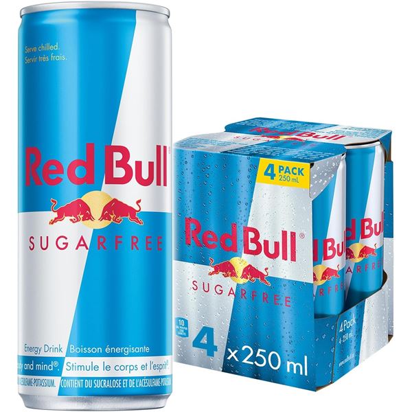 NEW 4 X 250ML PACK OF RED BULL SUGAR FREE ENERGY