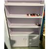 Image 2 : 4-tier shelving display floor stand w/ 2 door drawer cabinet (approx 87in x 48in x 14in) w/ assorted