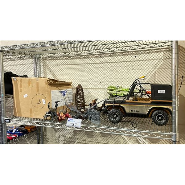 SHELF LOT OF ASSORTED TOYS INCLUDING; TONKA TRUCK, DRAGONS AND MORE