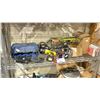 Image 1 : SHELF LOT OF ASSORTED TOOLS INCLUDING; RYOBI ONE 18V STARTER DRILL KIT, DEWALT DRILL AND MORE
