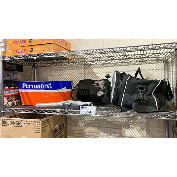 SHELF LOT OF ASSORTED ITEMS INCLUDING; MOTOMASTER AIR MACHINE AIR COMPRESSOR, BOWLING BAG WITH