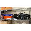 Image 1 : SHELF LOT OF ASSORTED ITEMS INCLUDING; MOTOMASTER AIR MACHINE AIR COMPRESSOR, BOWLING BAG WITH