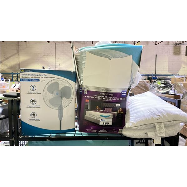 SHELF LOT OF NOVA FOAM MATTRESS FOAM, OSCILLATING FAN AND MORE  *UNKNOWN WORKING CONDITION