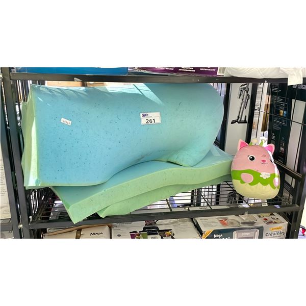 SHELF LOT OF MATTRESS FOAM AND STUFFED ANIMAL