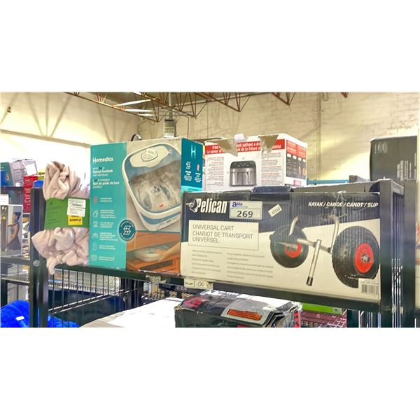 SHELF LOT OF HOMEDICS DELUXE FOOT BATH, PELICAN UNIVERSAL CART AND MORE