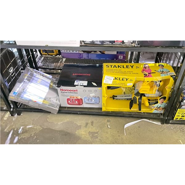 SHELF LOT OF STANLEY TOY, HOMEART TOASTER AND MORE  *UNKNOWN WORKING CONDITION/