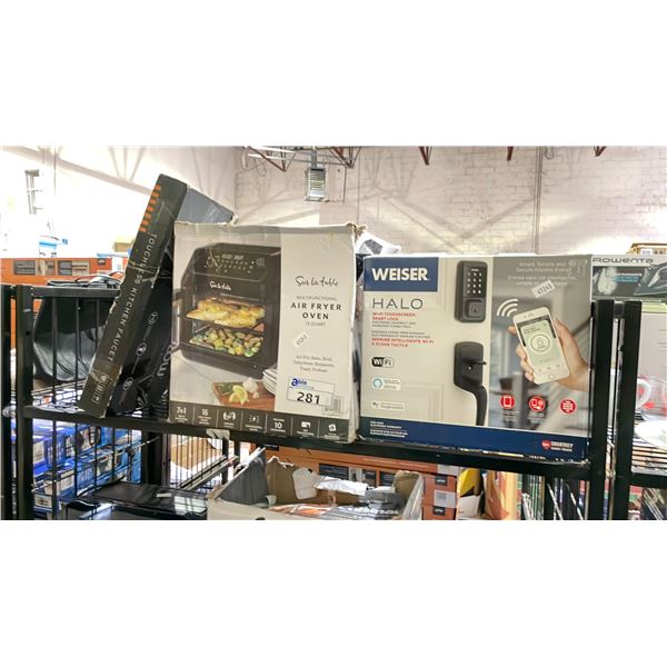 SHELF LOT OF WEISER HALO ELECTRONIC DEADBOLT AND HANDLESET LOCK, AIRFRYER AND MORE