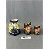 Image 1 : Vintage Ceramic Pitchers - 2 Royal Doulton Robin Hood (2.5" & 3.5" H) & Other Marked 421/3 (4" H)