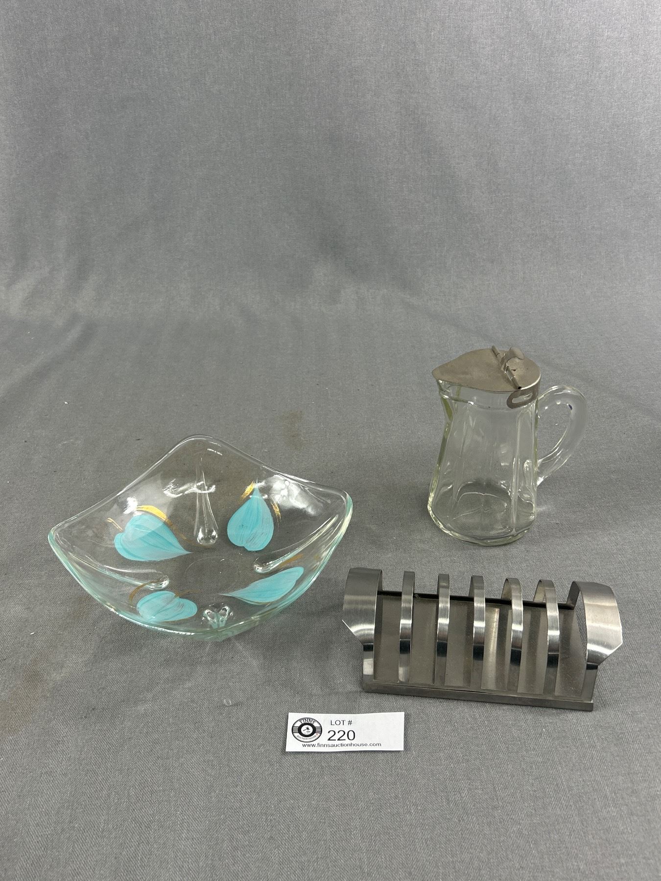 Mid Century Glass Syrup Pitcher, Toast Rack & Hand Painted Dish