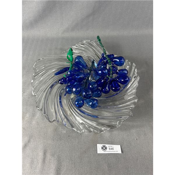 A 15" Dia Glass Swirl Dish + Handblown Glass Grapes Colbalt Blue