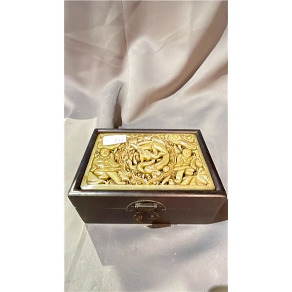 CARVED NEPHRITE INLAID WOOD BOX