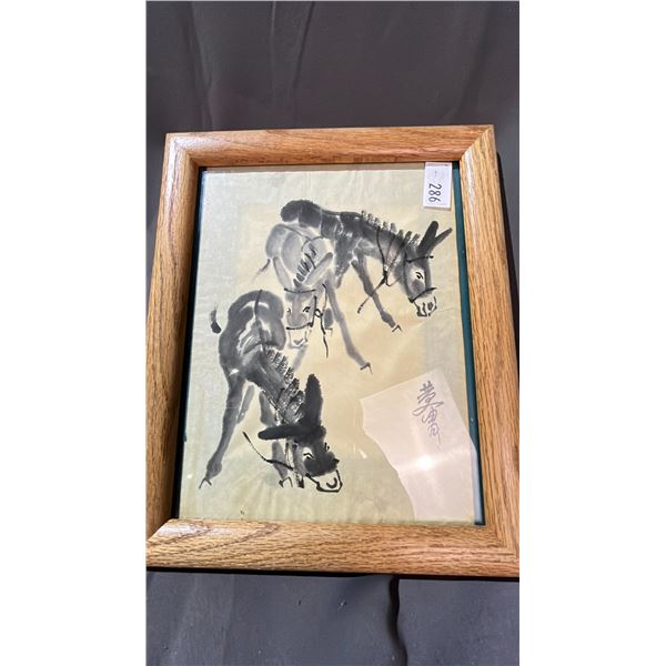 INK ON PAPER FRAMED DONKEY PAINTING