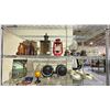 Image 1 : 2 SHELVES OF ASSORTED COLLECTIBLES INCLUDING; OIL LANTERNS, BALL SPEAKERS, ANTIQUE FIRE ALARMS &