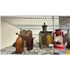 Image 2 : 2 SHELVES OF ASSORTED COLLECTIBLES INCLUDING; OIL LANTERNS, BALL SPEAKERS, ANTIQUE FIRE ALARMS &