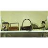 Image 1 : SHELF OF ASSORTED ITEMS INCLUDING; SLEIGH, PINECONE HOLDER, BASKET & FILM, SLIDE AND PHOTO