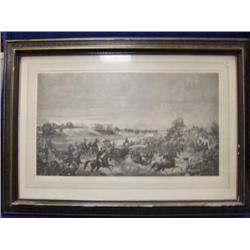Print by L Mercier, NY 1871, engraving of "A Day at the Horse Races" in period frame, flaking on fra