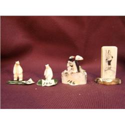 lot of 4 ivory carvings  - two bird rookery by Mark Seeganna, two ivory polar bears mounted on jade,
