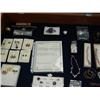 Image 1 : Entire case of jewelry including: 14 caret gold ring with diamonds, silver ring with Smokey topaz, s