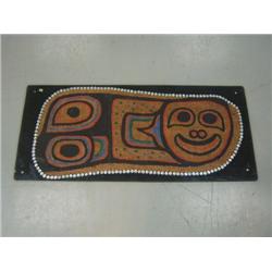 Cedar root artwork from BC, mythical sea animal, 1900's framed with Mother of Pearl buttons, frame i