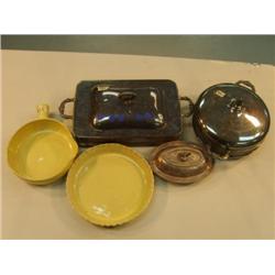 3 pcs silver plate and 2 pottery dishes (700)