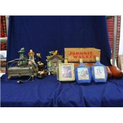 Early electric waffle iron, collection of Jim Beam decanters and coo coo clock (253)