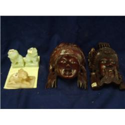 two 8" hand carved wood masks, excellent quality, Pr. Jade lions 3.5" and 4" marble lion (253)