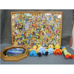 framed Simpson puzzle and Simpson dolls, collector's whale plate (110)