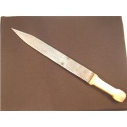 very old bone handled knife 18" long, blade has designs (3)