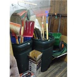 Lawn and garden supplies - shovels, rakes, garbage cans, wheel barrow (256)