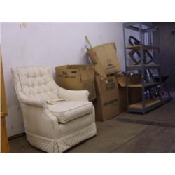 White chair, 7 boxes of garage items: light bulbs, saws, extension cords, etc (241)