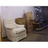Image 1 : White chair, 7 boxes of garage items: light bulbs, saws, extension cords, etc (241)