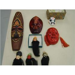 Three antique cameras, collection of masks, asst. silk purses, glass balloon lamp, and asst. items (