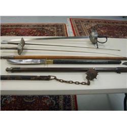 Lot of fencing swords and horned handled knife, axe and spear, Spanish pike (259)