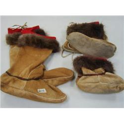 Lot of 3 pairs of mukluks with beaver trim and moose hide mittens (255)