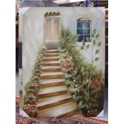 Lot of 4 original oil paintings on canvas 4x3 : Steps going into a house with green plants, Red foye