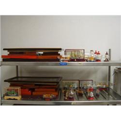 Lot of 2 shelves of nautical ships in a bottle & shadow boxes (8888)