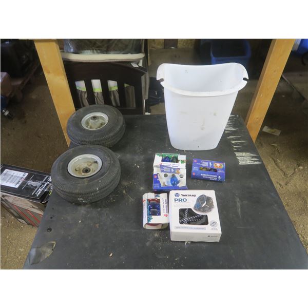 vintage Christmas bulbs and ice cleats and 2 dolly tires