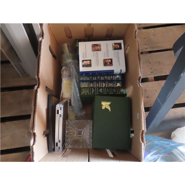 box of books, glassware, picture frames