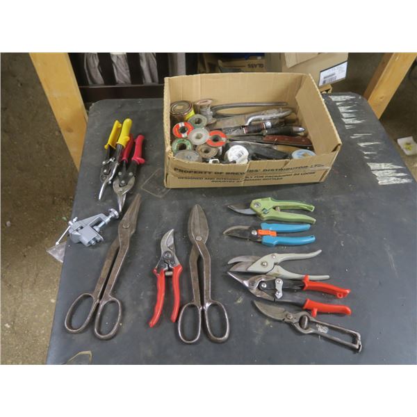 tin snips, knives, assorted hardware