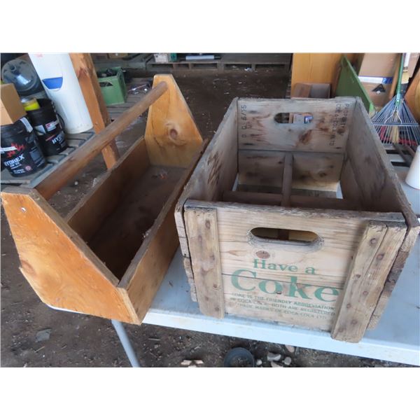 two wooden boxes one tool box one coca cola