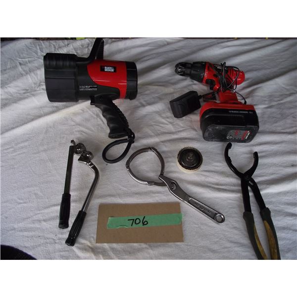 Assorted Tools including oil filter wrenches, 1/4" tubing bender, hole saw, 18v drill and Flash ligh
