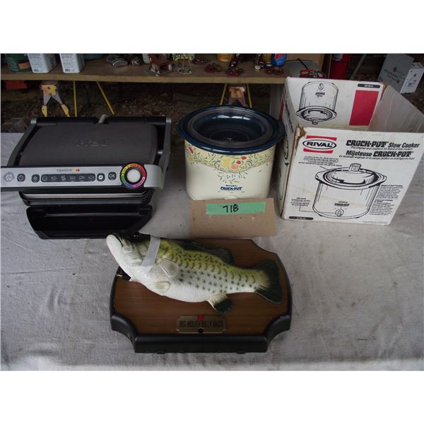 1 T-Fal Optigrill, 1 -2.5 quart Rival Crock Pot, and 1 big mouth bass.