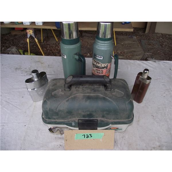 2 Stanley Thermoses, 2 Flasks and Fishing Tackle box w/ hooks, line etc.